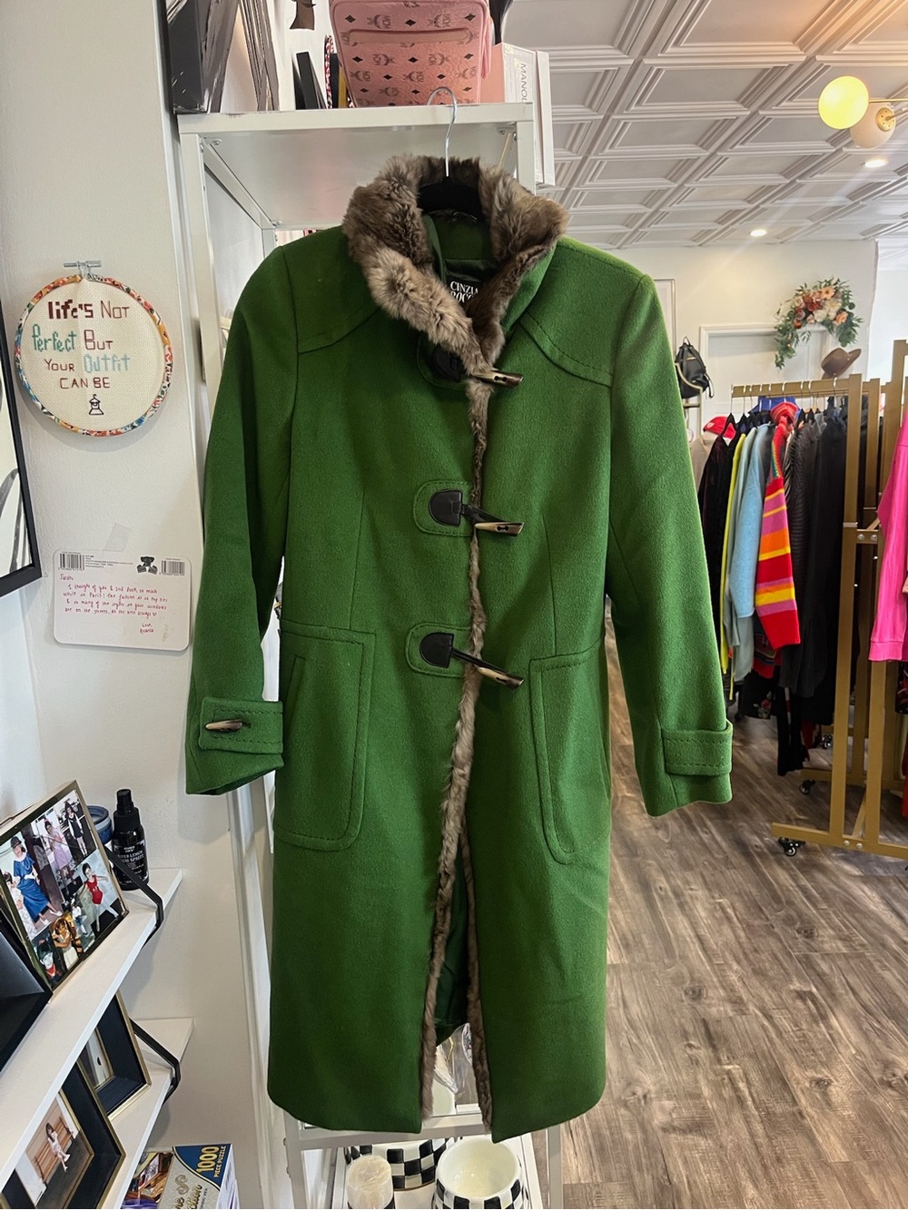 Cinzia Rocca Icons Green Wool-Blend Toggle Coat with Faux-Fur Trim
